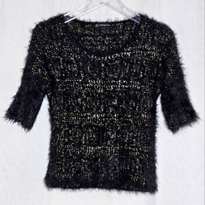 INC International Concepts Black & Gold Eyelash Knit Short Sleeve Knit Sweater